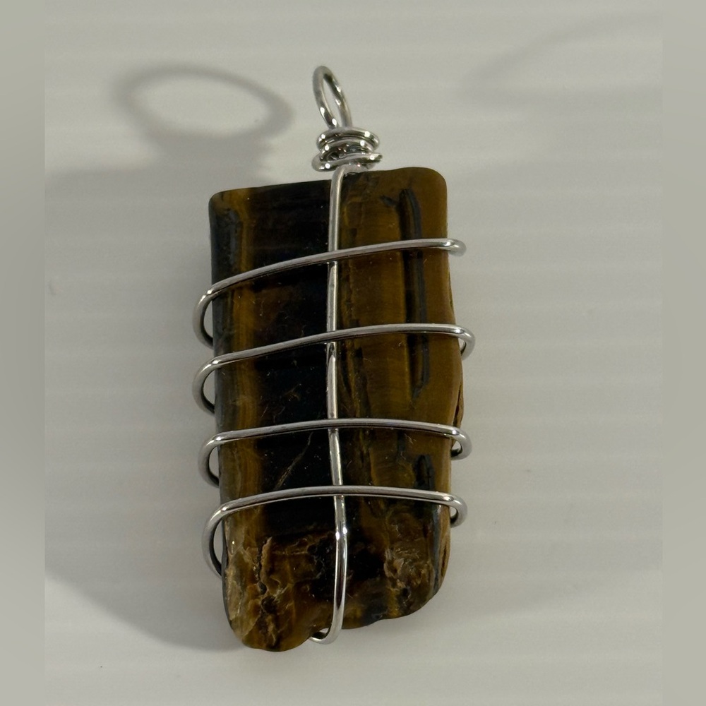 Handcrafted Tiger's Eye Pendant - Wire Wrapped Natural Stone - 2" Long